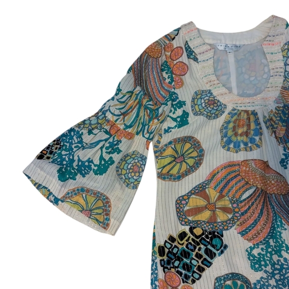 Trina Turk U Neck Bell Sleeve Cotton/Metallic Stripes Colorful Shift Dress Sz 6 - Picture 2 of 10